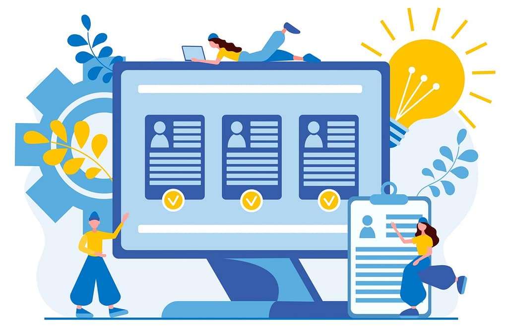 אילוסטרציה מסך מחשב עם אנשים מסביבו מפתחים רעיונות